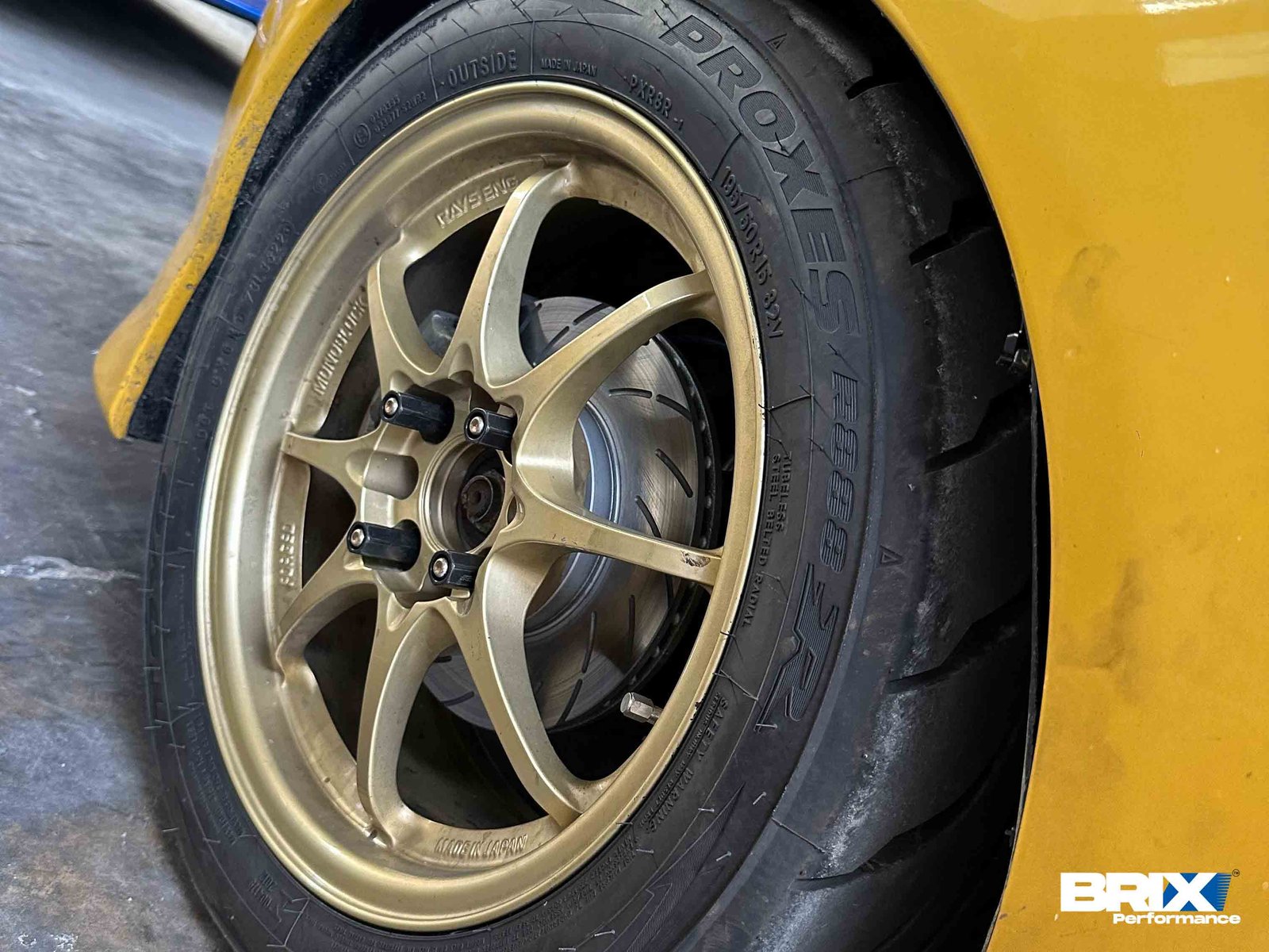 Close-up of BRIX Performance Competition Series slotted rotor installed on Garage One’s Honda Jazz GD3.