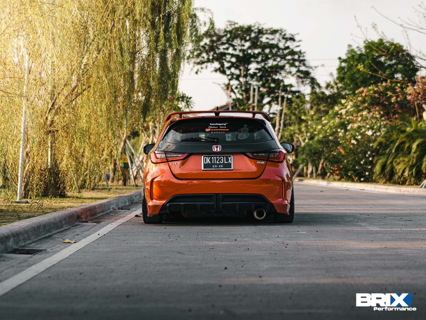 Rear view of modified Honda City Hatchback showcasing aggressive styling and BRIX Performance Competition Series.