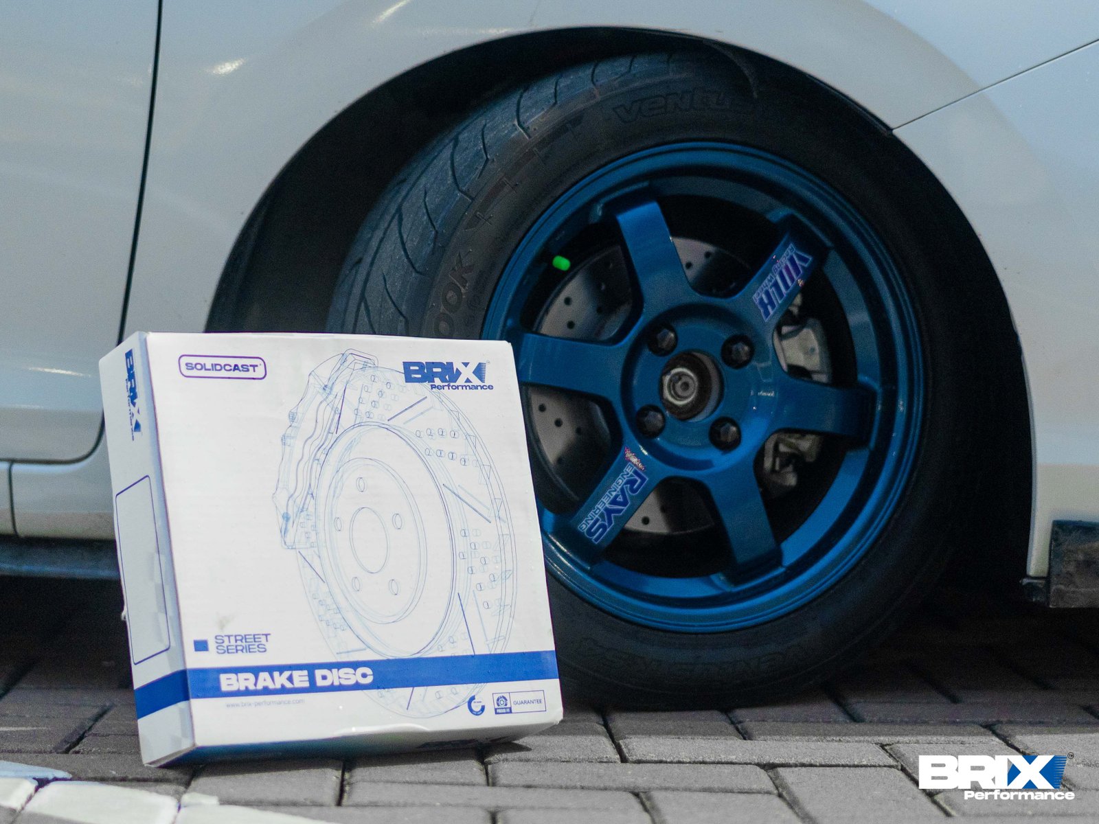 Close-up of BRIX Performance Street Series brake disc and wheel on Honda City Hatchback.